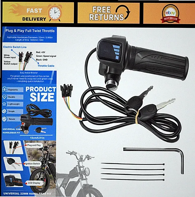 48V Ebike Full Twist Throttle with LCD Display & Key Lock - Easy Install, 3 Pin