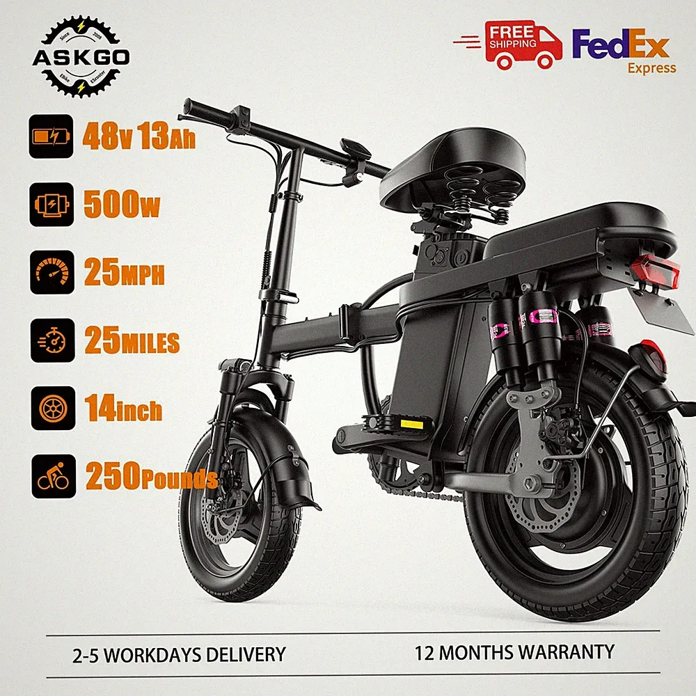ASKGO Electric Bicycle 1500W Foldable Ebike 48V 13AH 14" Tire 25MPH 45Mile Range