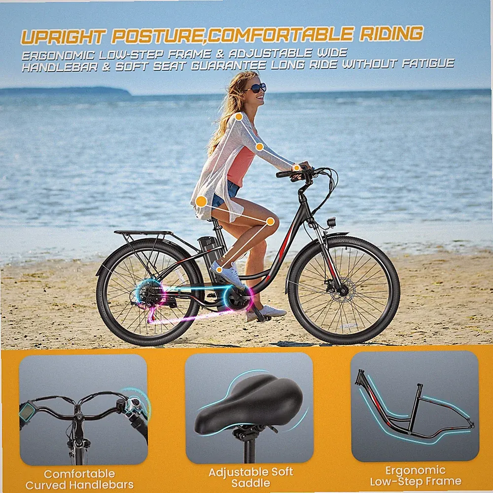 Electric Bike 500W 48V Cruiser Bicycle 26in Adults Commuting EBike Low Step Thru