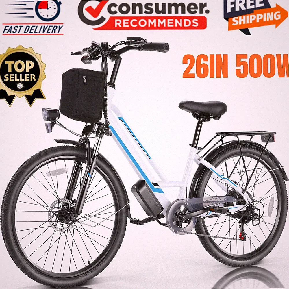 Electric Bike for Adults 26'' Low-Step Ebike 500W 48V Cruiser Bicycle 7 Speed~