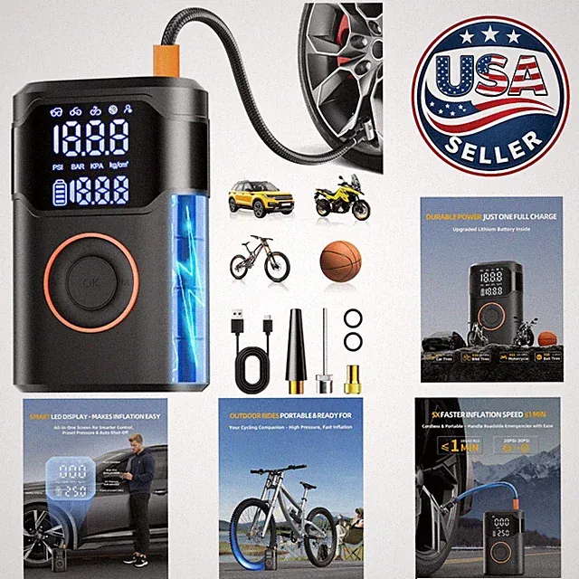 Rechargeable Tire Air Pump - 5X Faster Inflation with Auto-Off & Digital Gauge