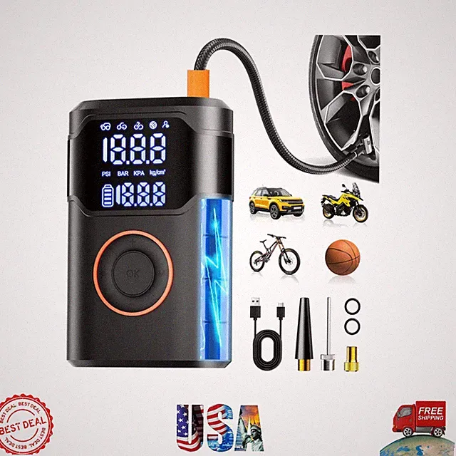 Rechargeable Tire Air Pump with Digital Gauge & LED Light - Compact & Versatile